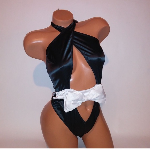 Victoria's Secret Other - Victoria’s secret  body suit bow topped high neck size M black and white nwot